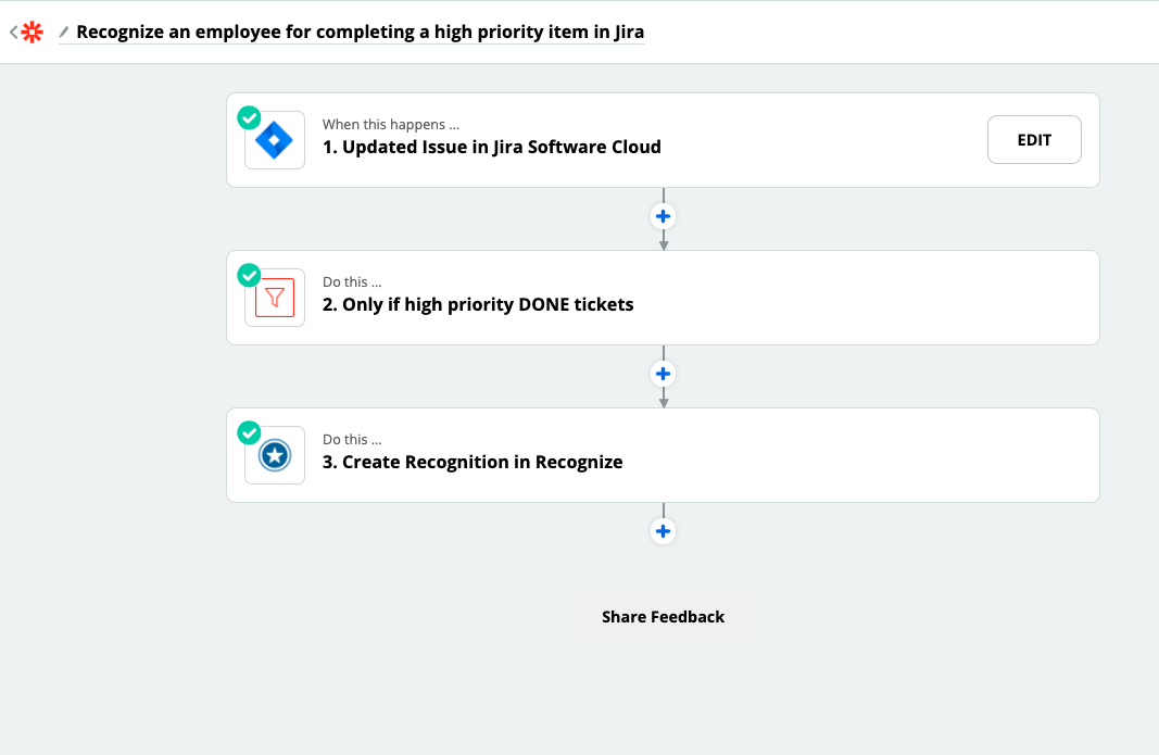 Jira to Recognize entire flow from finding the ticket, filtering for high priority done tickets, and finally recognizing them.