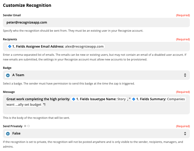 Setting up Recognize in Zapier to use the data from Zapier, such as assignee or ticket name to recognize automatically