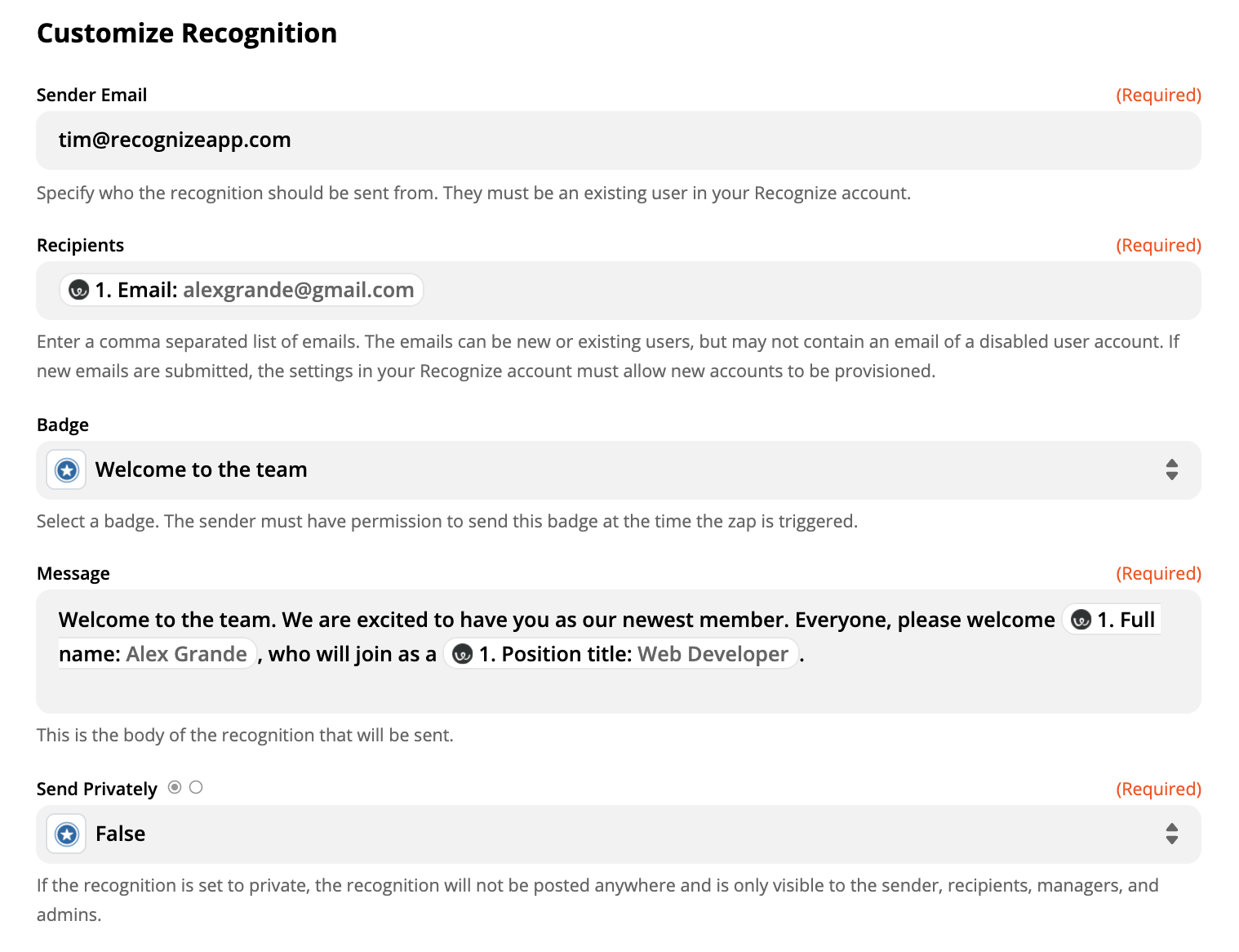 Setup Zapier to recognize the employee who is hired with a message of "welcome to the team! We are excited to have on board for [job post]"