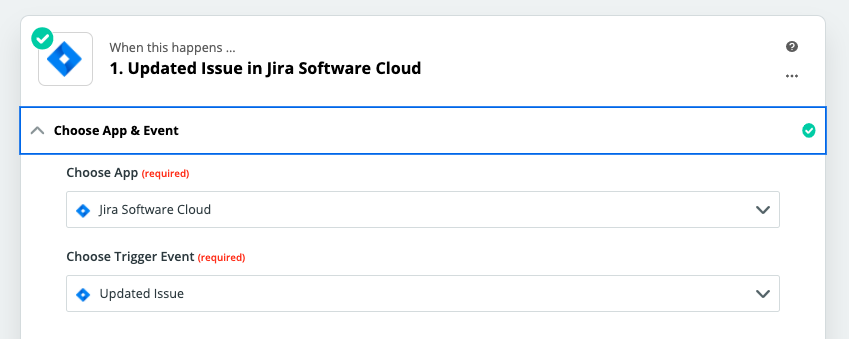 Choosing the Jira updated ticket event in Zapier
