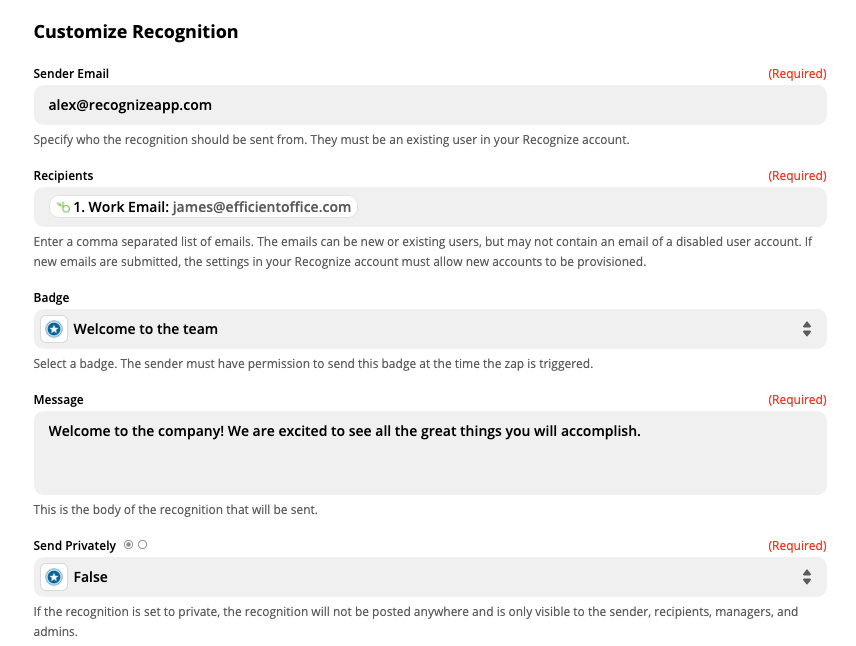 Welcome recognition setup in Zapier based on BambooHR data