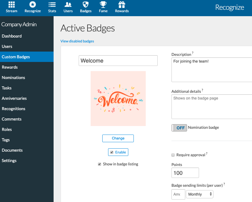 Creating a welcome employee recognition badge in Recognize