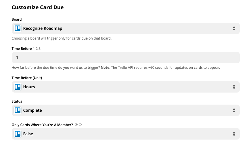 Selecting cards in Trello that are due in 1hr and complete.