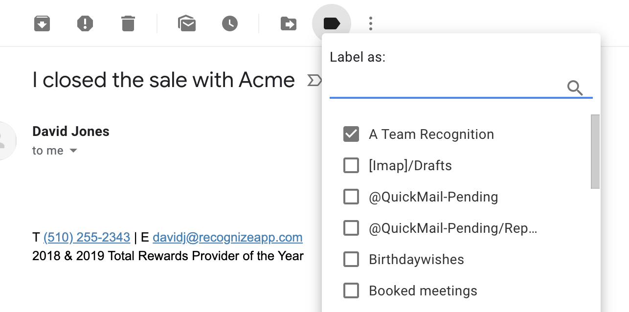 A Team Recognition added to an email.