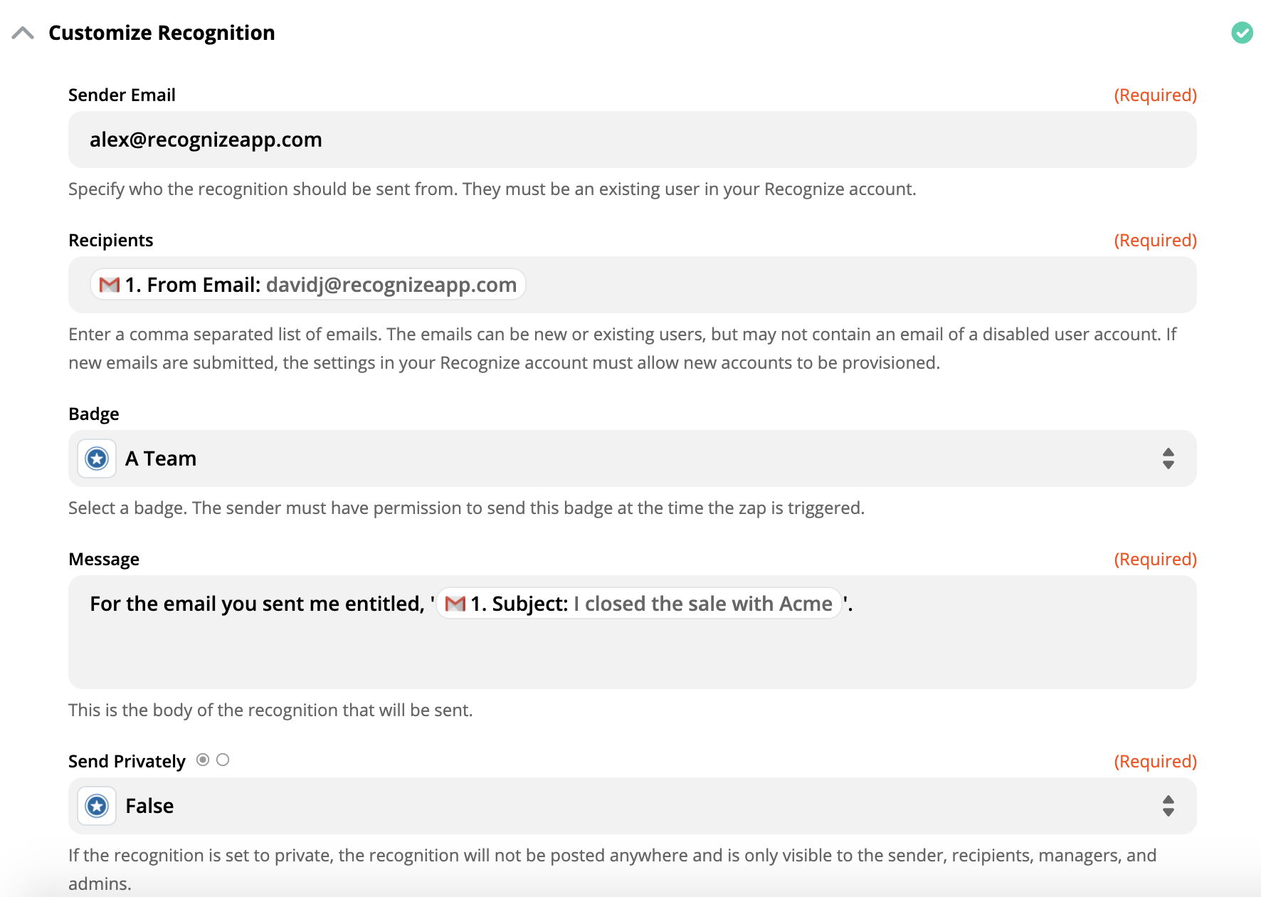 Recognition details for Gmail
