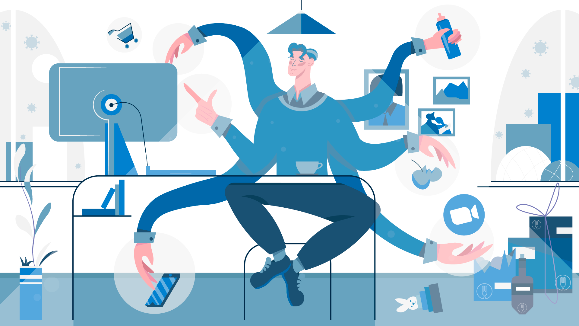 Multi arm work from home employee balancing all of life illustration