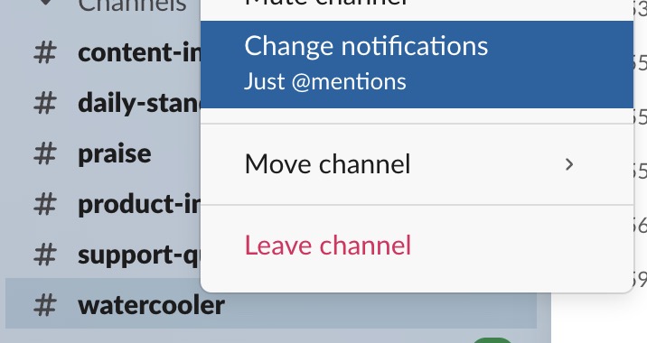 Screenshot of slack changing notifications per channel.