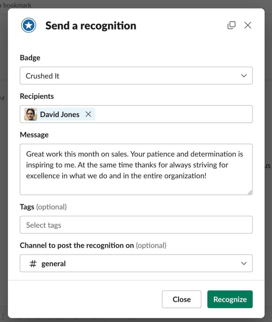 Sending a recognition in Slack using the Recognize App integration for Slack.