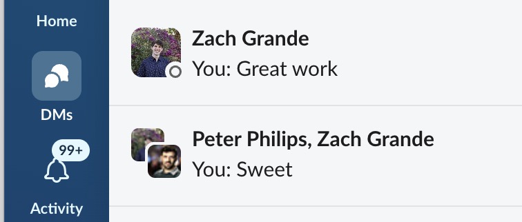 Direct messages view in Slack showing direct conversations with people on my team.