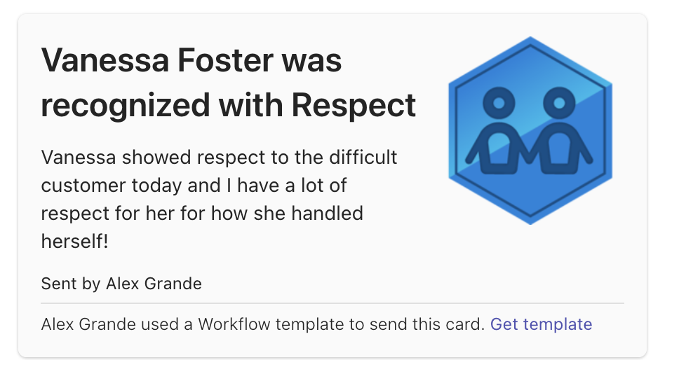 Recognize posting automatically to Microsoft Teams a social employee recognition for the value of Respect