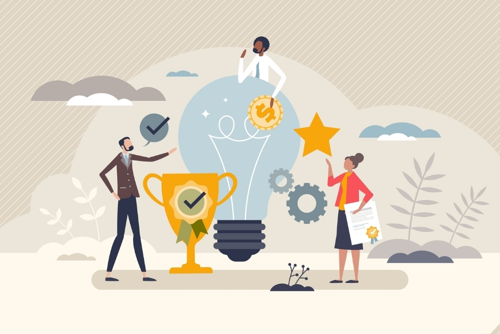 Illustration of employees collaborating around a lightbulb, trophy, and reward symbols representing innovation, performance recognition, and people ROI in the workplace.