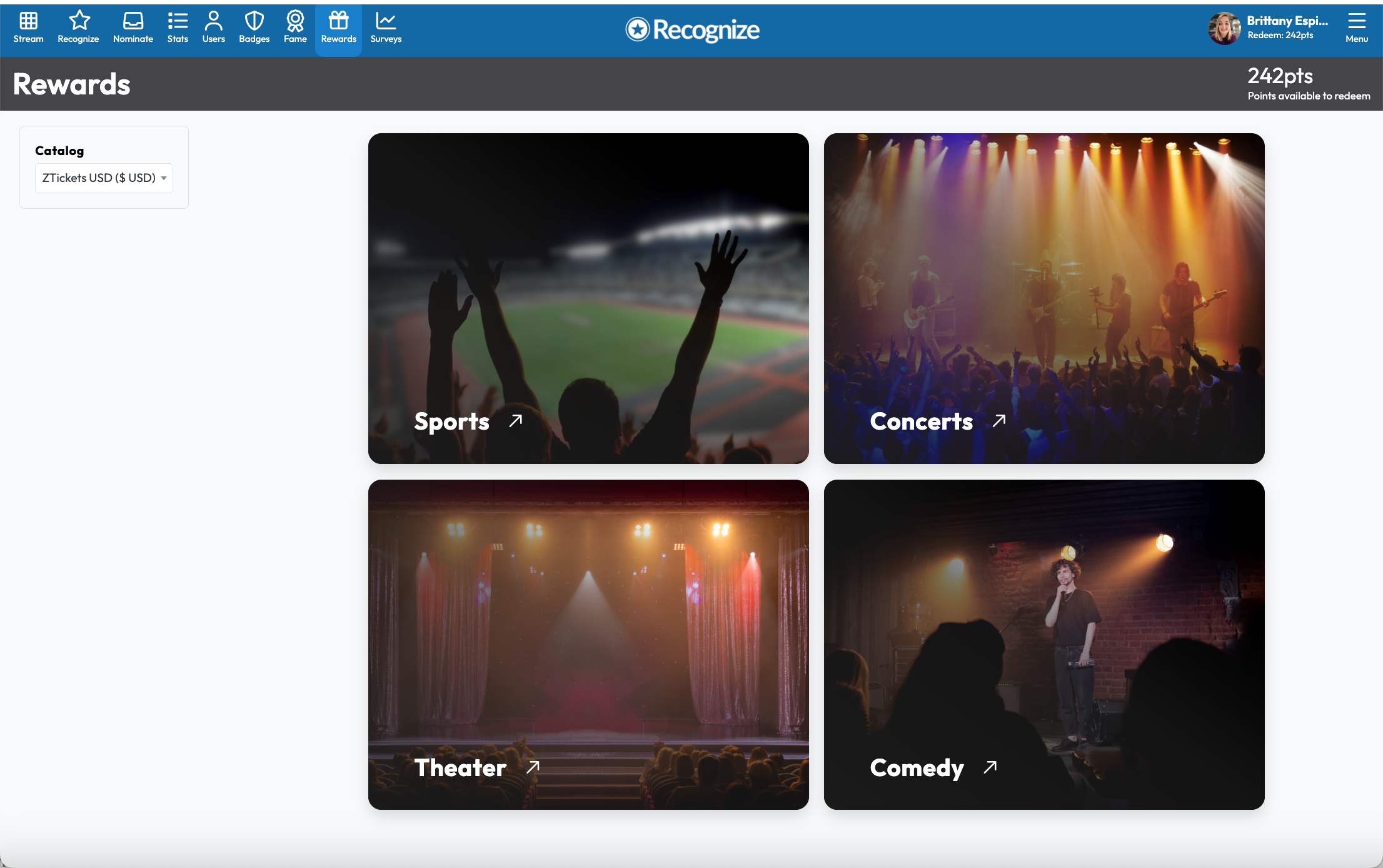 Recognition reward live event tickets