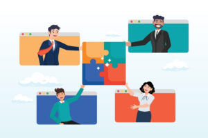 Employees connecting ideas like puzzle pieces to build cohesive hybrid HR strategies and teamwork