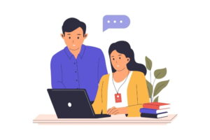 Intern receiving guidance and recognition while working on a laptop in a collaborative workspace