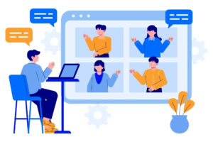 Professional attending a remote video conference, representing modern remote work culture and team connectivity