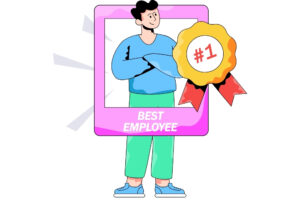 Illustration of employee receiving best employee award badge, representing recognition and gamification in the workplace