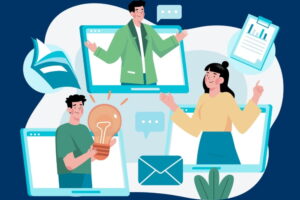 Digital collaboration illustration showing remote team members communicating through virtual platforms, symbolizing AI-driven HR systems, remote workforce coordination, and scalable people operations.