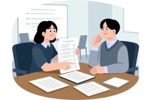Illustration of an HR professional reviewing employee documents during a one-on-one meeting, representing scalable people operations 