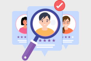 Candidate evaluation illustration showing employee review and talent assessment process