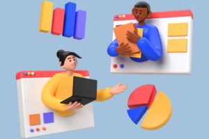 Virtual team meeting illustration with remote collaboration dashboard and performance insights