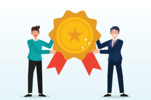 Colleagues celebrating workplace recognition and team success