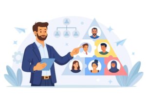 Manager guiding employees to strengthen workplace relationships
