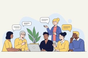 Employees discussing workplace communication and sharing ideas