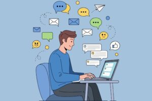 Employee managing multiple workplace messages and notifications