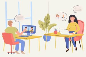Hybrid employees communicating across office and remote work
